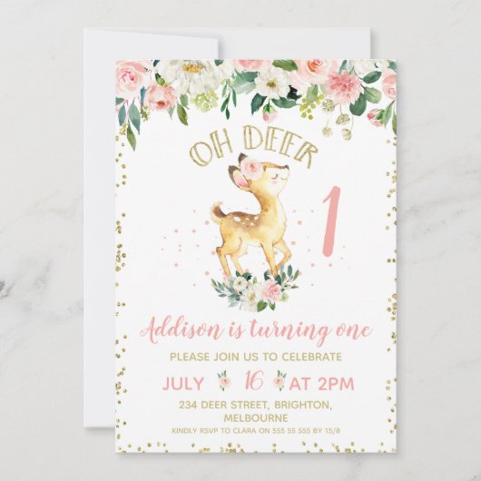 Roze Floral Oh Deer Birthday Party Invitation Kaart (Voorkant)