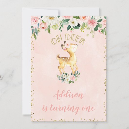 Roze Floral Oh Deer Birthday Party Invitation Kaart (Achterkant)