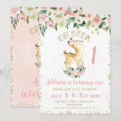Roze Floral Oh Deer Birthday Party Invitation Kaart (Voorkant / Achterkant)