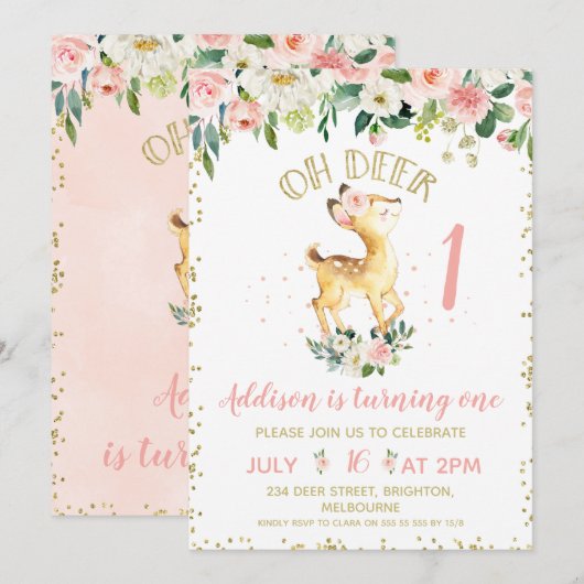 Roze Floral Oh Deer Birthday Party Invitation Kaart (Voorkant / Achterkant)