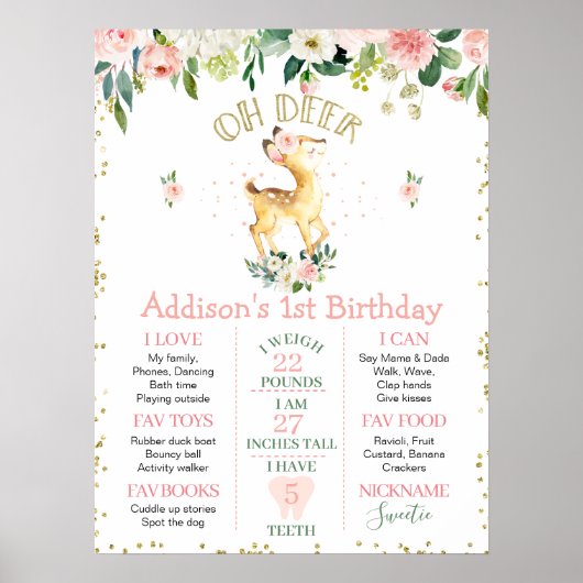 Roze Floral Oh Deer Birthday Poster (Voorkant)