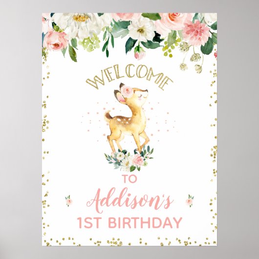Roze Floral Oh Deer Birthday Welkomstteken Poster (Voorkant)