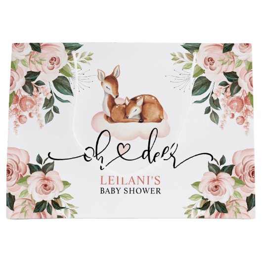 Roze Floral Oh Deer Waterverf Baby shower Groot Cadeauzakje (Voorkant)