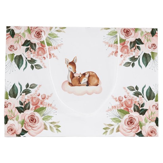Roze Floral Oh Deer Waterverf Baby shower Groot Cadeauzakje (Achterkant)