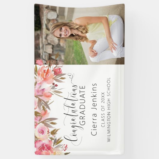 Roze Floral One Photo Calligraphy Afstuderen Spandoek (Verticaal)