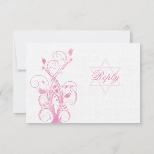 Roze Floral op White Linen Bat Mitzvah RSVP Card (Voorkant)