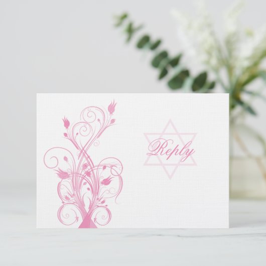 Roze Floral op White Linen Bat Mitzvah RSVP Card (Staand voorkant)