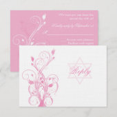 Roze Floral op White Linen Bat Mitzvah RSVP Card (Voorkant / Achterkant)