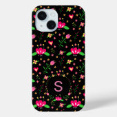roze Floral op zwart monogram Case-Mate iPhone Case (Achterkant)