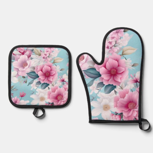 Roze Floral Ovenwant & Pannenlap Set (Voorkant)