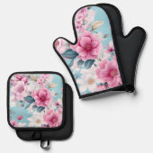 Roze Floral Ovenwant & Pannenlap Set (Voorkant / Achterkant)