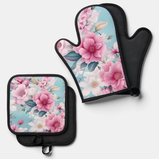 Roze Floral Ovenwant & Pannenlap Set (Voorkant / Achterkant)