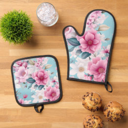 Roze Floral Ovenwant & Pannenlap Set