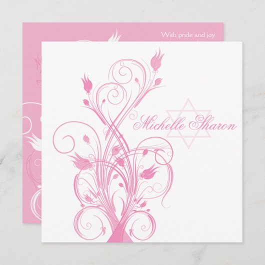 Roze Floral over de uitnodiging van White Bat Mitz (Voorkant / Achterkant)