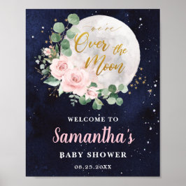 Roze Floral over het Moon Girl Baby shower Welkom Poster