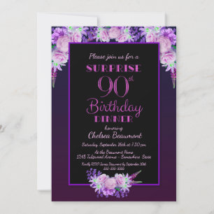 Roze Floral Paars Surprise 90th Birthday Dinner Kaart