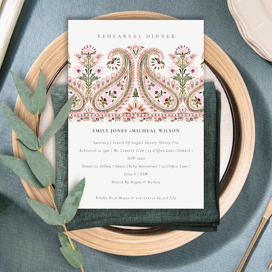 Roze Floral Paisley Motif Rehearsal Dinner Invite Bedankkaart