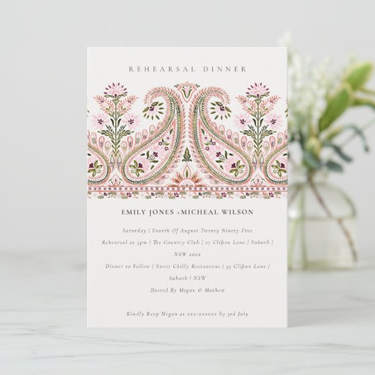 Roze Floral Paisley Motif Rehearsal Dinner Invite Bedankkaart (Staand voorkant)