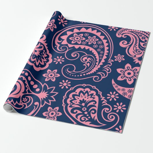Roze Floral paisley over blauwe achtergrond Cadeaupapier (Uitgerold)