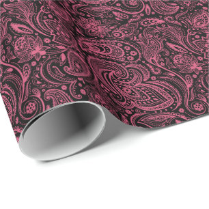 Roze Floral paisley over zwarte achtergrond Cadeaupapier