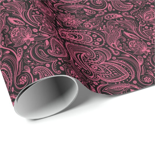 Roze Floral paisley over zwarte achtergrond Cadeaupapier (Rol Hoek)