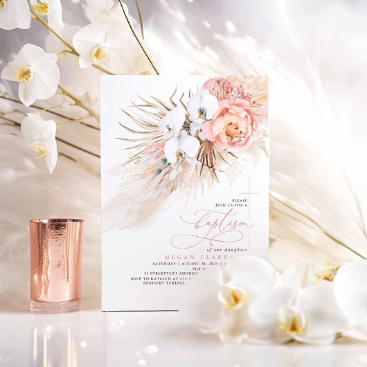 Roze Floral Pampas Grass Modern Baptisme Kaart