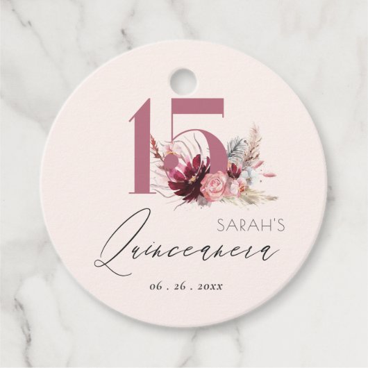 Roze Floral Pampas Grass Quinceanera 15e verjaarda Bedankjes Labels (Voorkant)