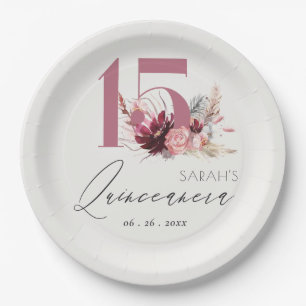 Roze Floral Pampas Grass Quinceanera 15e verjaarda Papieren Bordje
