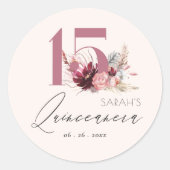 Roze Floral Pampas Grass Quinceanera 15e verjaarda Ronde Sticker (Voorkant)