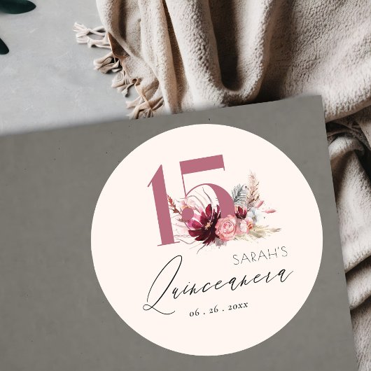 Roze Floral Pampas Grass Quinceanera 15e verjaarda Ronde Sticker