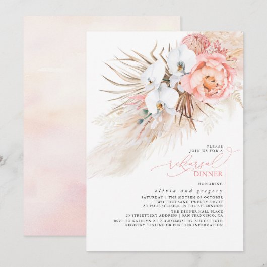 Roze Floral Pampas Grass Rehearsal Dinner Invitati Kaart (Voorkant / Achterkant)