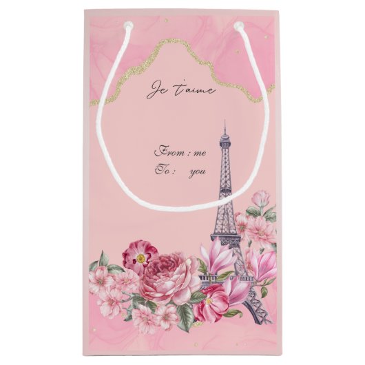 Roze floral Paris Je Taime Eiffel Tower Klein Cadeauzakje (Achterkant)
