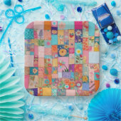 Roze Floral Patchwork Quilt Pattern Papieren Bordje (Feest)
