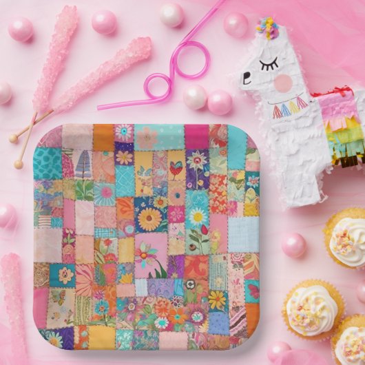 Roze Floral Patchwork Quilt Pattern Papieren Bordje (Feest)