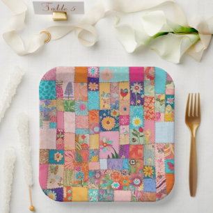 Roze Floral Patchwork Quilt Pattern Papieren Bordje
