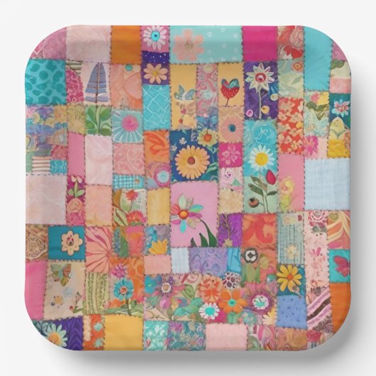 Roze Floral Patchwork Quilt Pattern Papieren Bordje (Voorkant)