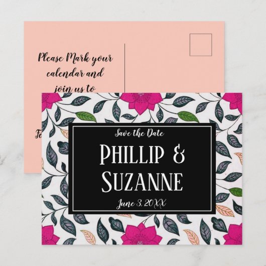Roze Floral Patroon sparen de Datum Aankondigingskaart (Voorkant / Achterkant)