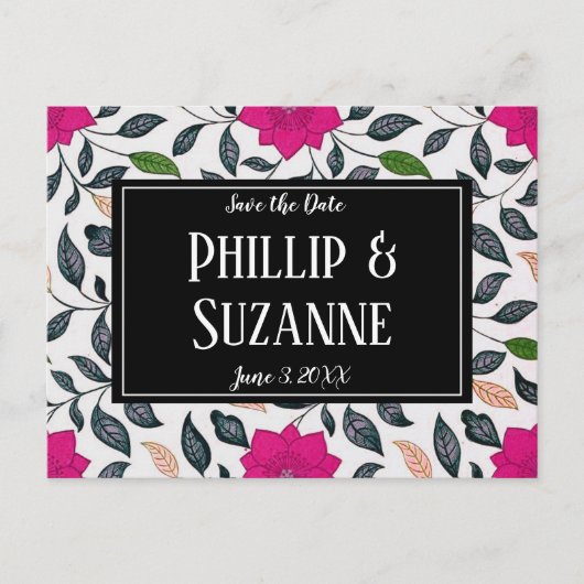 Roze Floral Patroon sparen de Datum Aankondigingskaart (Voorkant)