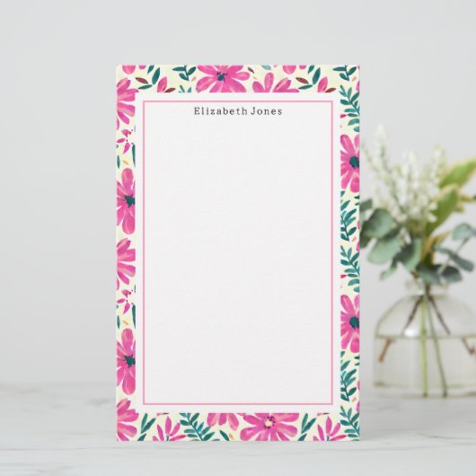 Roze Floral Pattern Briefpapier (Staand voorkant)