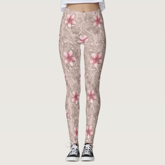 Roze Floral Pattern Leggings (Voorkant)