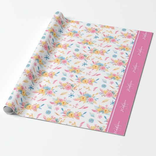  roze Floral Pattern Monogramed Cadeaupapier (Uitgerold)