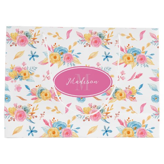 roze Floral Pattern Monogramed Groot Cadeauzakje (Achterkant)