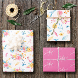 roze Floral Pattern Monogramed Inpakpapier Vel
