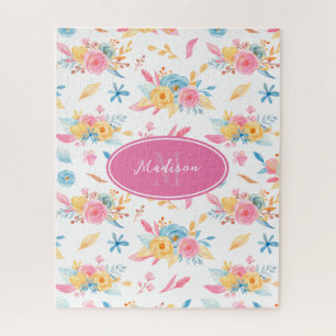 roze Floral Pattern Monogramed Legpuzzel