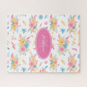 roze Floral Pattern Monogramed Legpuzzel (Horizontaal)