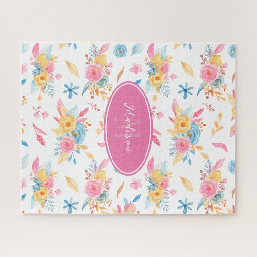  roze Floral Pattern Monogramed Legpuzzel (Horizontaal)