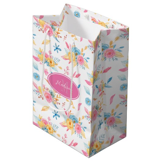  roze Floral Pattern Monogramed Medium Cadeauzakje (Voorkant Gekanteld)