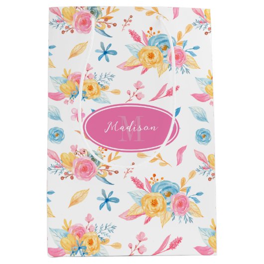  roze Floral Pattern Monogramed Medium Cadeauzakje (Voorkant)