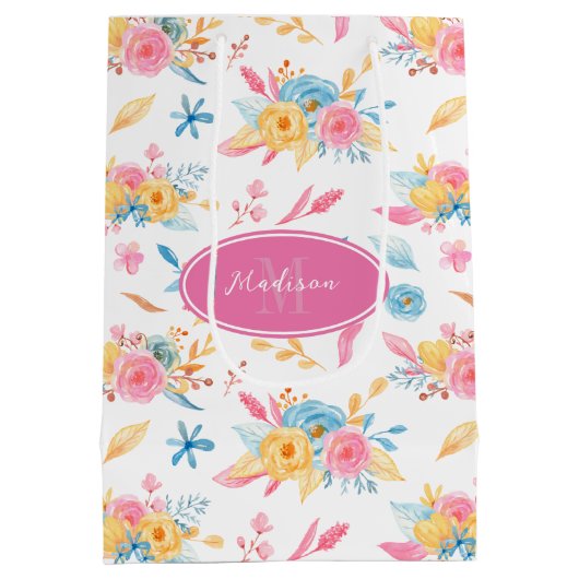  roze Floral Pattern Monogramed Medium Cadeauzakje (Achterkant)