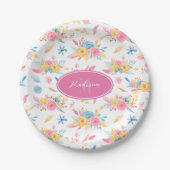  roze Floral Pattern Monogramed Papieren Bordje (Voorkant)